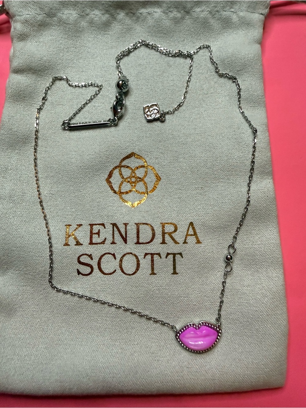 Kendra Scott Silver Necklace with Pink Lip Pendant